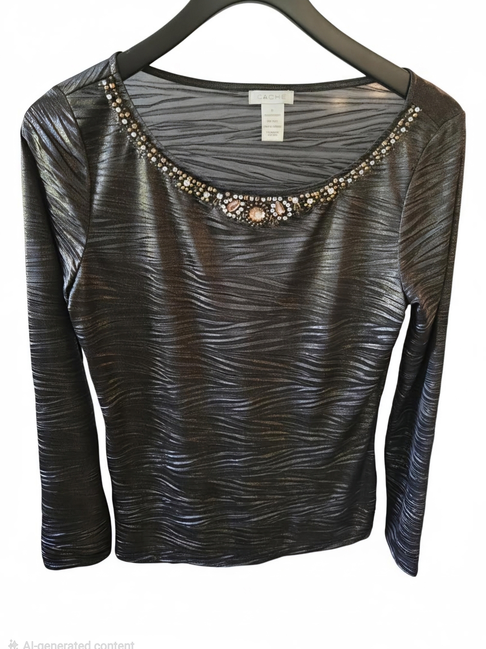 Cache Metallic Black Long Sleeve Top with Jeweled Scoop Neck